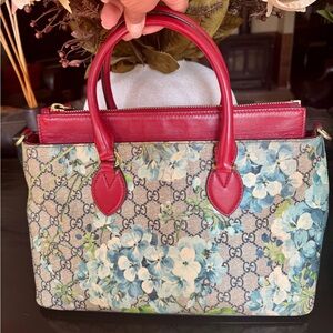 Gucci Bloom Blue Floral Satchel with Red Accents